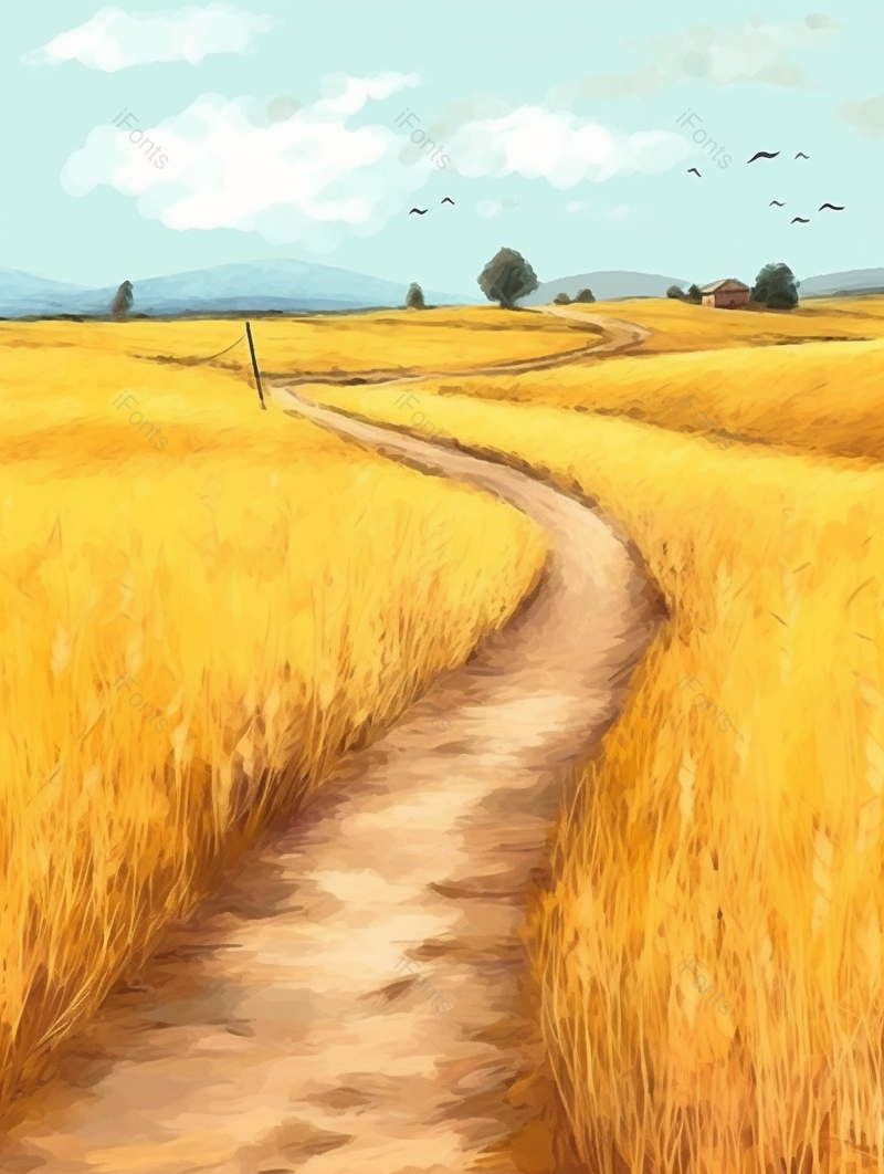 秋日乡间小路旁成熟的金色麦穗手绘插画壁纸,插画/手绘图,插画/手绘图库,插画/手绘图下载,插画/手绘